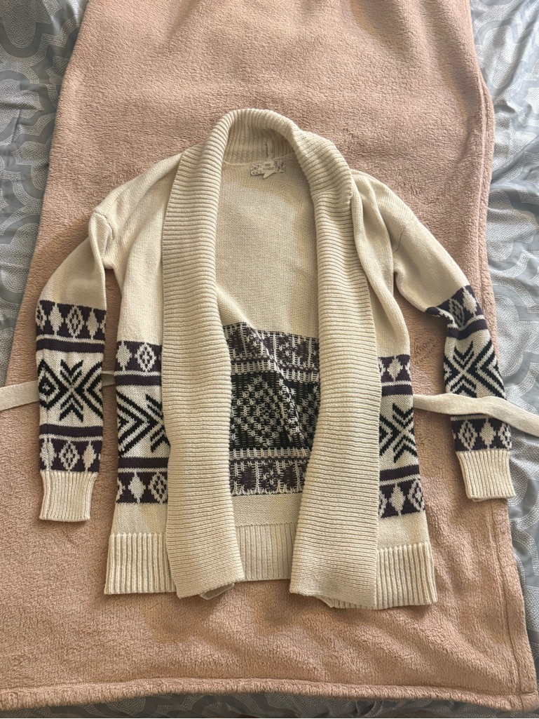 Pink Republic Cream Open-Front Shawl Cardigan With Black Pattern
